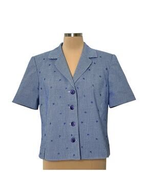 Napa Studio Button Jacket Size 12 Blue Check Embroidered Accents Lined 90s Vtg